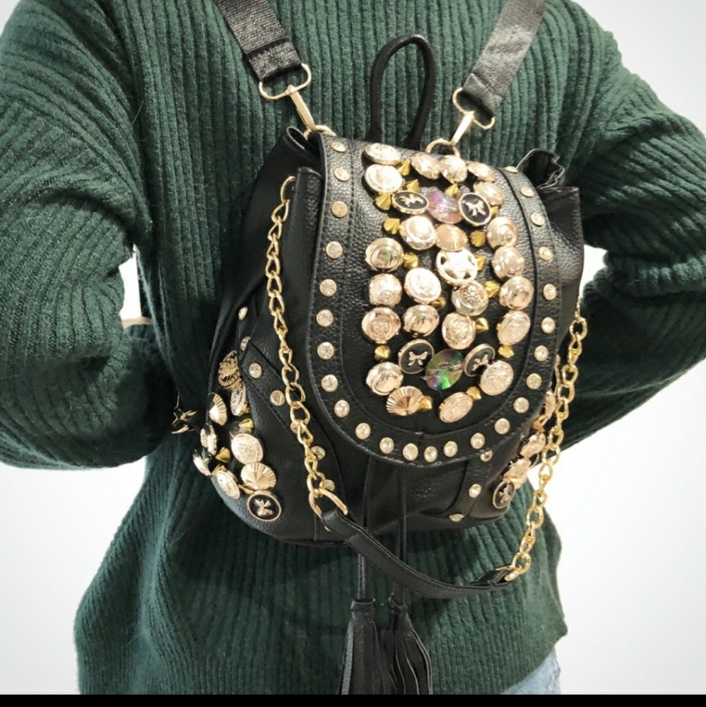 Embellished black faux leather backpack
